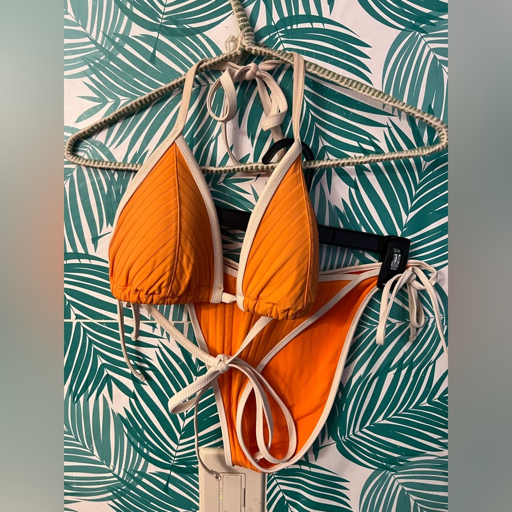 Aerie orange bikini sz L top and bottom striped w/ white edging cheeky